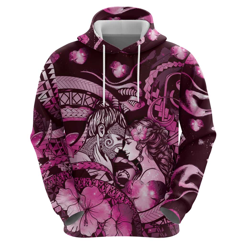 Personalised Maori Romantic Valentine Zip Hoodie The Hongi Kiss Pink Galaxy