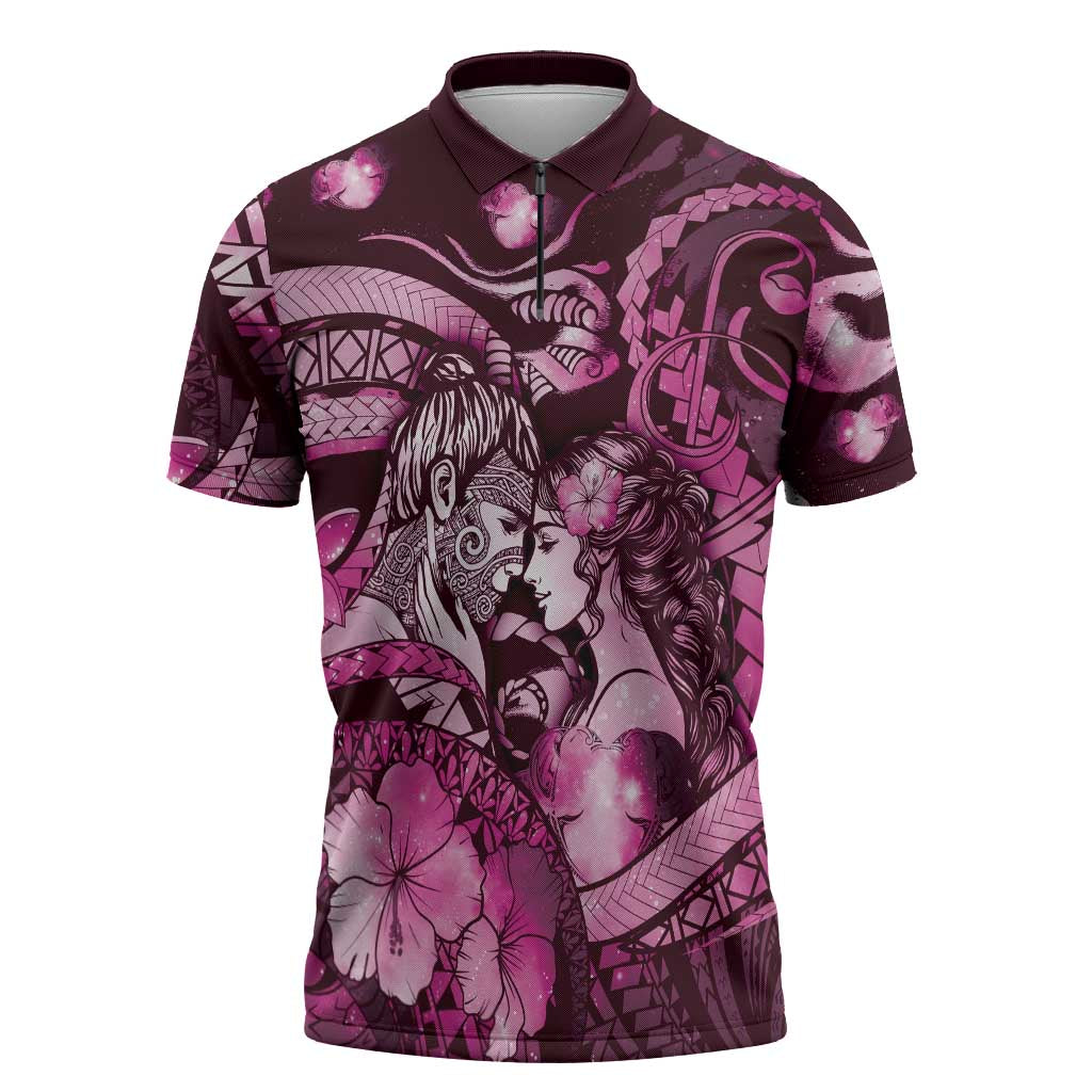 Personalised Maori Romantic Valentine Zipper Polo Shirt The Hongi Kiss Pink Galaxy DT05 Pink - Polynesian Pride