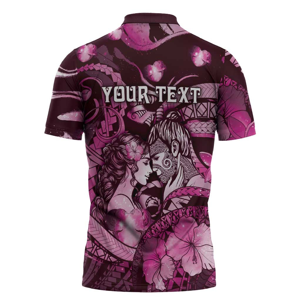 Personalised Maori Romantic Valentine Zipper Polo Shirt The Hongi Kiss Pink Galaxy DT05 - Polynesian Pride