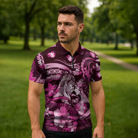 Personalised Maori Romantic Valentine Zipper Polo Shirt The Hongi Kiss Pink Galaxy DT05 - Polynesian Pride