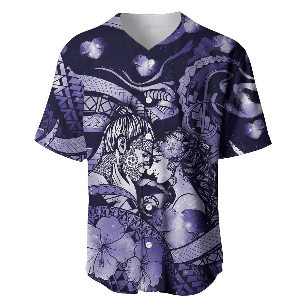 Personalised Maori Romantic Valentine Baseball Jersey The Hongi Kiss Purple Galaxy