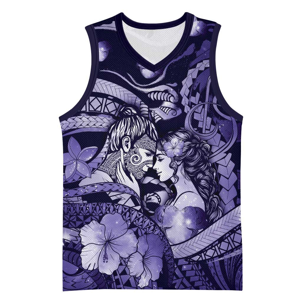 Personalised Maori Romantic Valentine Basketball Jersey The Hongi Kiss Purple Galaxy