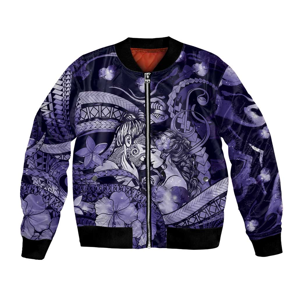 Personalised Maori Romantic Valentine Bomber Jacket The Hongi Kiss Purple Galaxy