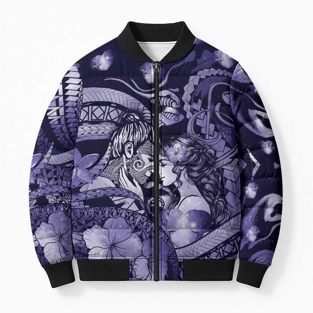 Personalised Maori Romantic Valentine Bomber Puffer Jacket The Hongi Kiss Purple Galaxy