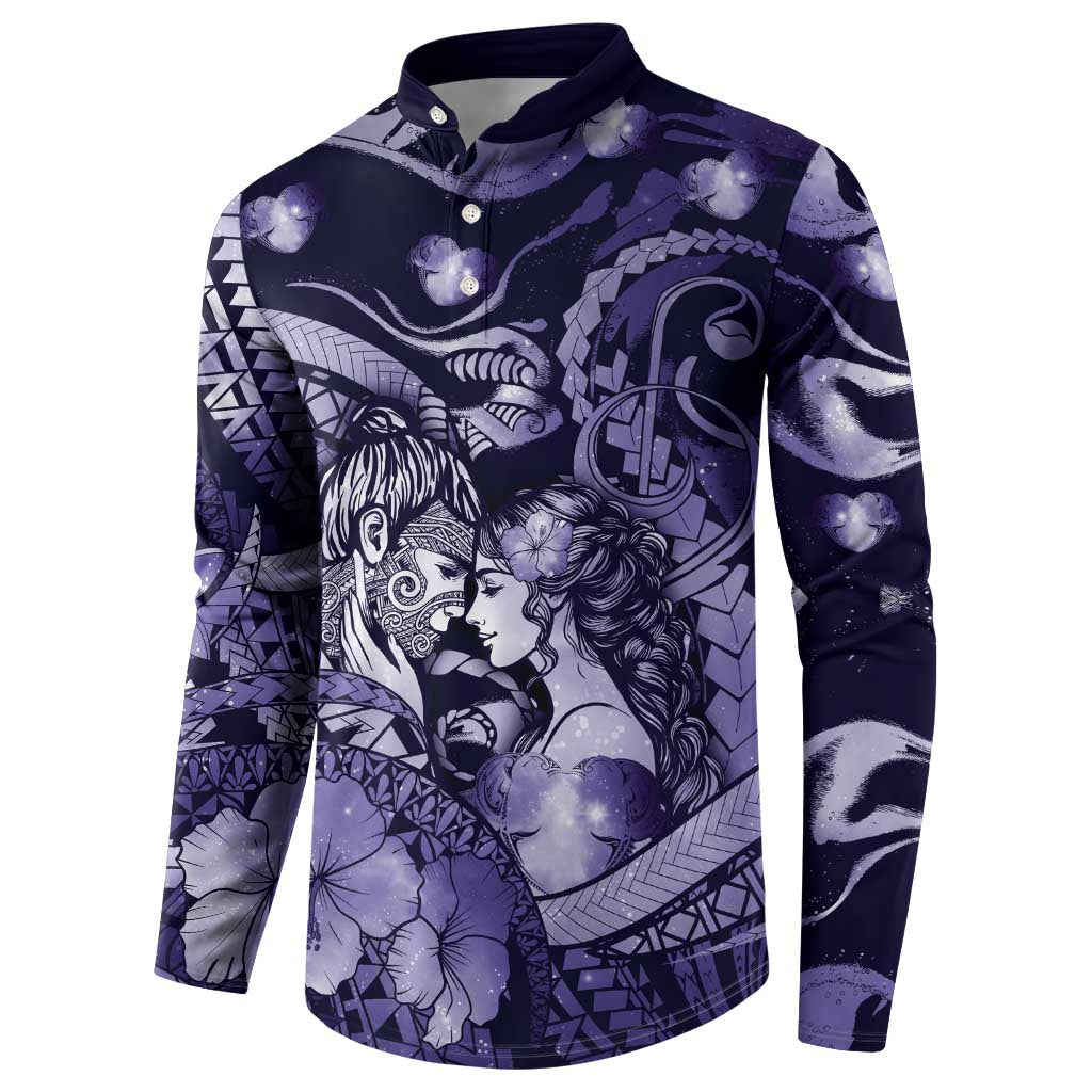 Personalised Maori Romantic Valentine Button Sweatshirt The Hongi Kiss Purple Galaxy