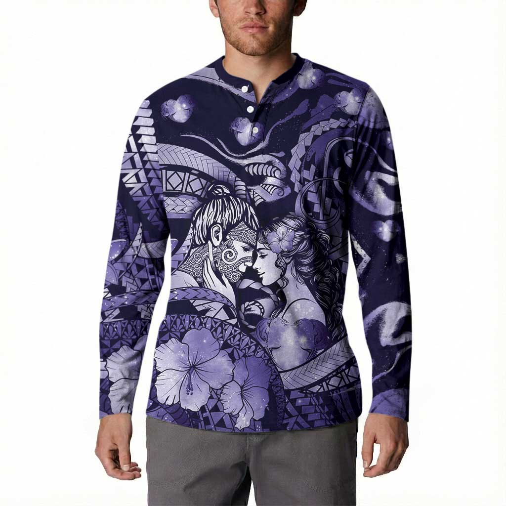 Personalised Maori Romantic Valentine Button Sweatshirt The Hongi Kiss Purple Galaxy