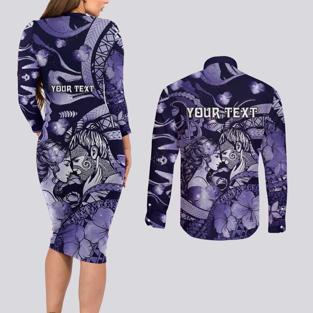 Personalised Maori Romantic Valentine Couples Matching Long Sleeve Bodycon Dress and Long Sleeve Button Shirt The Hongi Kiss Purple Galaxy