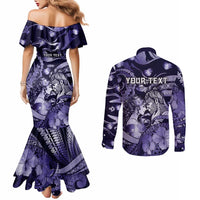 Personalised Maori Romantic Valentine Couples Matching Mermaid Dress and Long Sleeve Button Shirt The Hongi Kiss Purple Galaxy