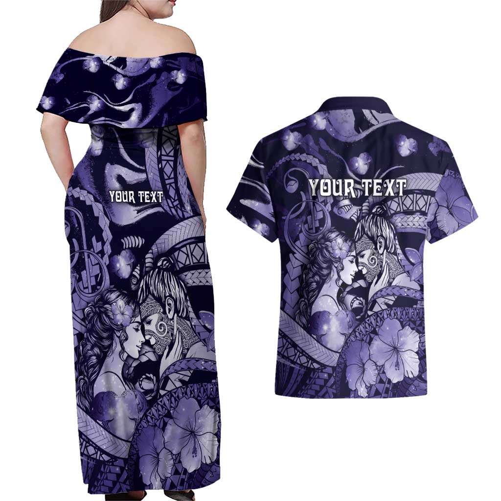 Personalised Maori Romantic Valentine Couples Matching Off Shoulder Maxi Dress and Hawaiian Shirt The Hongi Kiss Purple Galaxy