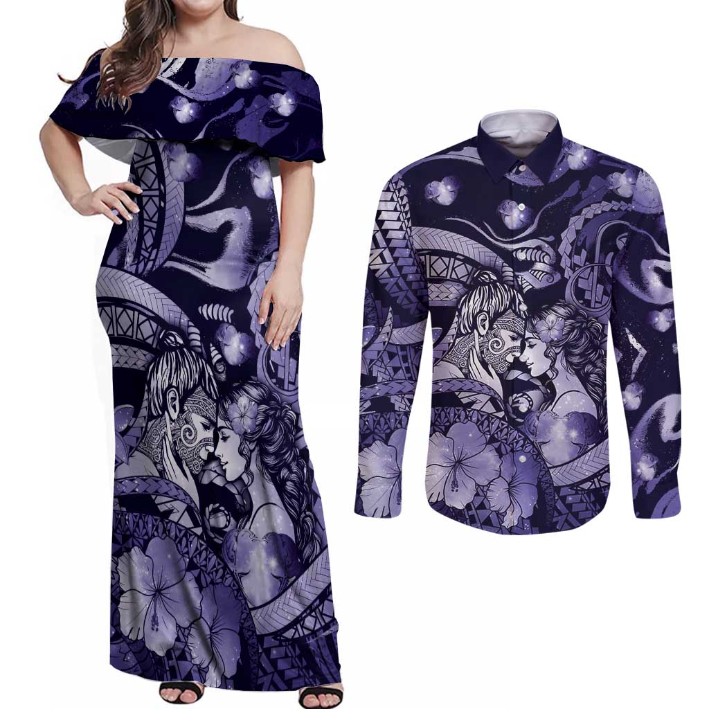 Personalised Maori Romantic Valentine Couples Matching Off Shoulder Maxi Dress and Long Sleeve Button Shirt The Hongi Kiss Purple Galaxy