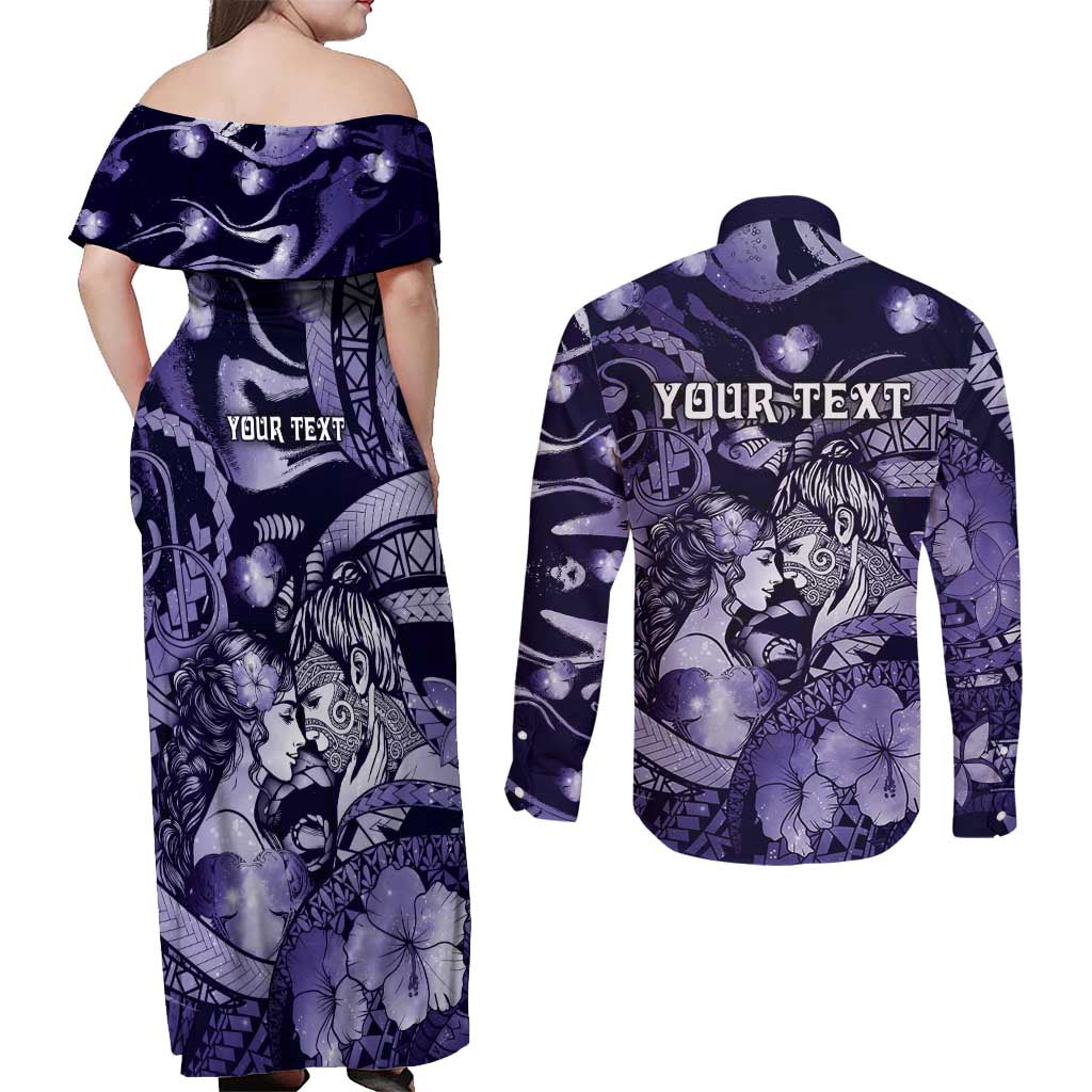 Personalised Maori Romantic Valentine Couples Matching Off Shoulder Maxi Dress and Long Sleeve Button Shirt The Hongi Kiss Purple Galaxy