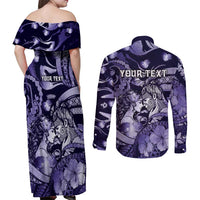 Personalised Maori Romantic Valentine Couples Matching Off Shoulder Maxi Dress and Long Sleeve Button Shirt The Hongi Kiss Purple Galaxy