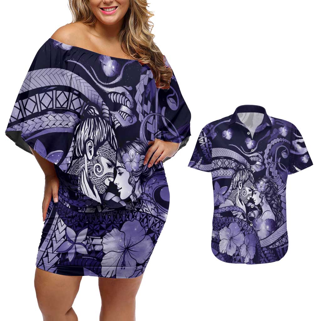 Personalised Maori Romantic Valentine Couples Matching Off Shoulder Short Dress and Hawaiian Shirt The Hongi Kiss Purple Galaxy