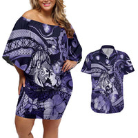 Personalised Maori Romantic Valentine Couples Matching Off Shoulder Short Dress and Hawaiian Shirt The Hongi Kiss Purple Galaxy
