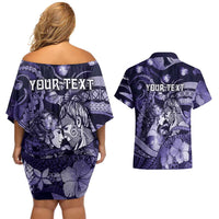 Personalised Maori Romantic Valentine Couples Matching Off Shoulder Short Dress and Hawaiian Shirt The Hongi Kiss Purple Galaxy