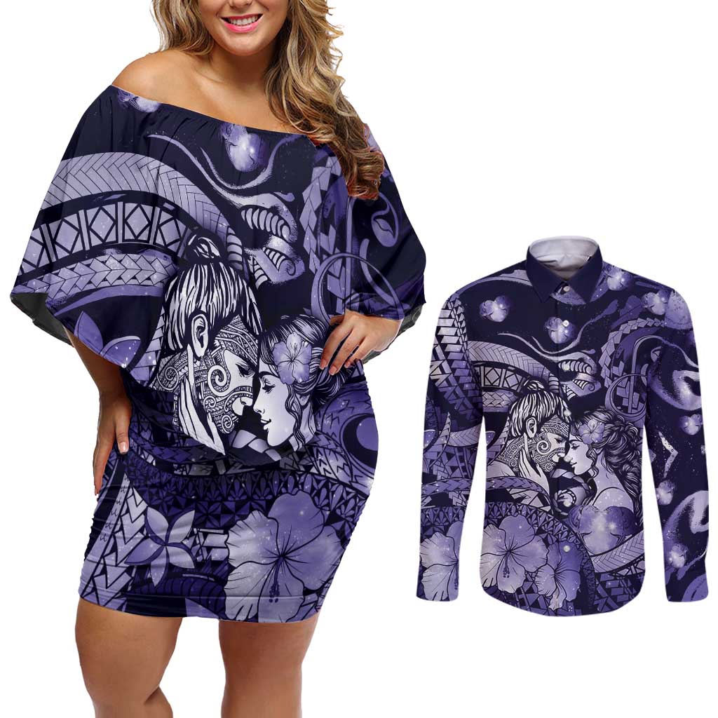Personalised Maori Romantic Valentine Couples Matching Off Shoulder Short Dress and Long Sleeve Button Shirt The Hongi Kiss Purple Galaxy