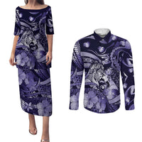 Personalised Maori Romantic Valentine Couples Matching Puletasi and Long Sleeve Button Shirt The Hongi Kiss Purple Galaxy