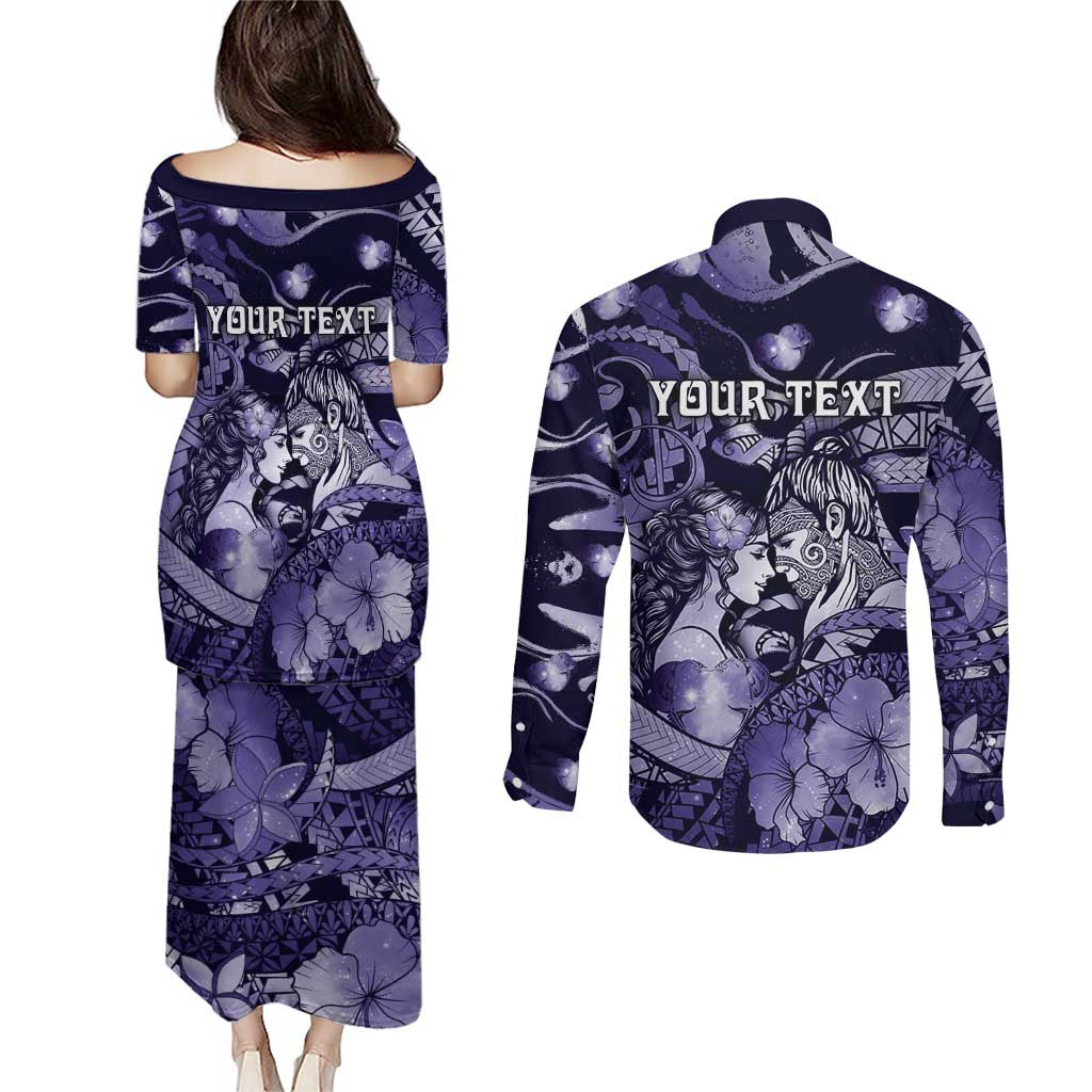 Personalised Maori Romantic Valentine Couples Matching Puletasi and Long Sleeve Button Shirt The Hongi Kiss Purple Galaxy