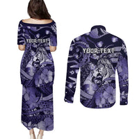 Personalised Maori Romantic Valentine Couples Matching Puletasi and Long Sleeve Button Shirt The Hongi Kiss Purple Galaxy