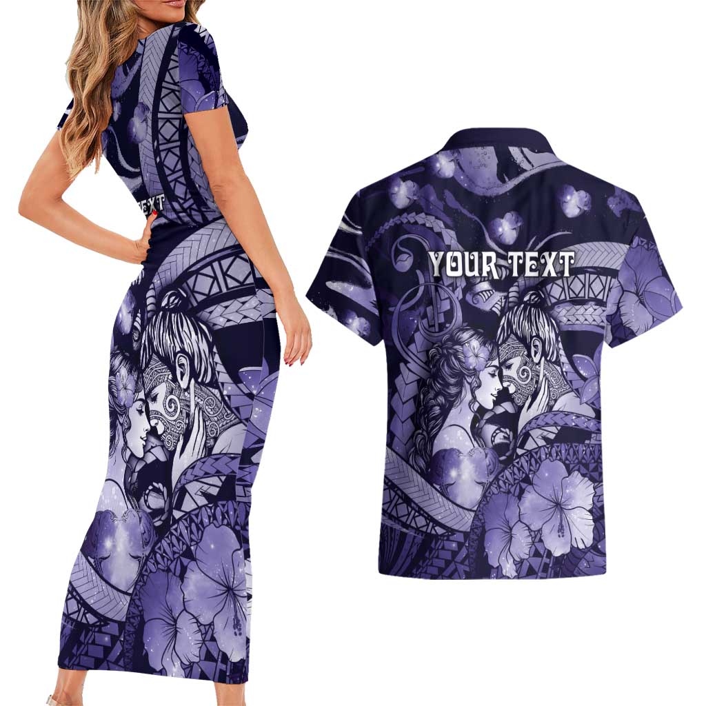 Personalised Maori Romantic Valentine Couples Matching Short Sleeve Bodycon Dress and Hawaiian Shirt The Hongi Kiss Purple Galaxy