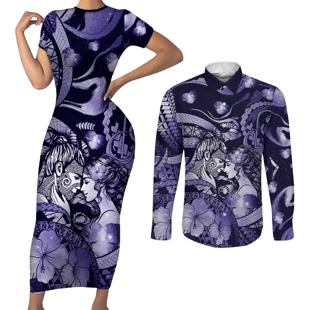 Personalised Maori Romantic Valentine Couples Matching Short Sleeve Bodycon Dress and Long Sleeve Button Shirt The Hongi Kiss Purple Galaxy