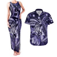 Personalised Maori Romantic Valentine Couples Matching Tank Maxi Dress and Hawaiian Shirt The Hongi Kiss Purple Galaxy