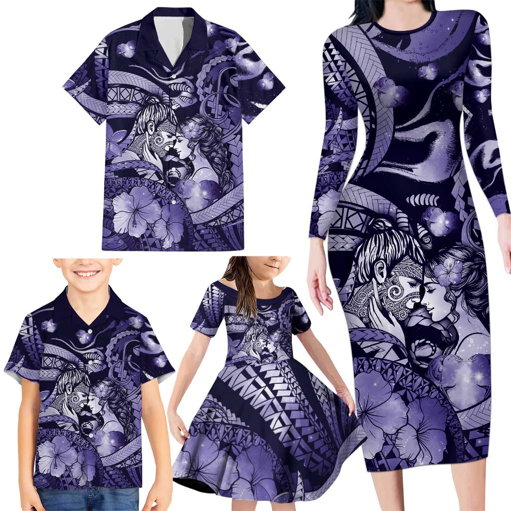 Personalised Maori Romantic Valentine Family Matching Long Sleeve Bodycon Dress and Hawaiian Shirt The Hongi Kiss Purple Galaxy