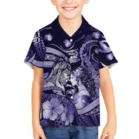 Personalised Maori Romantic Valentine Family Matching Long Sleeve Bodycon Dress and Hawaiian Shirt The Hongi Kiss Purple Galaxy DT05 Son's Shirt Purple - Polynesian Pride