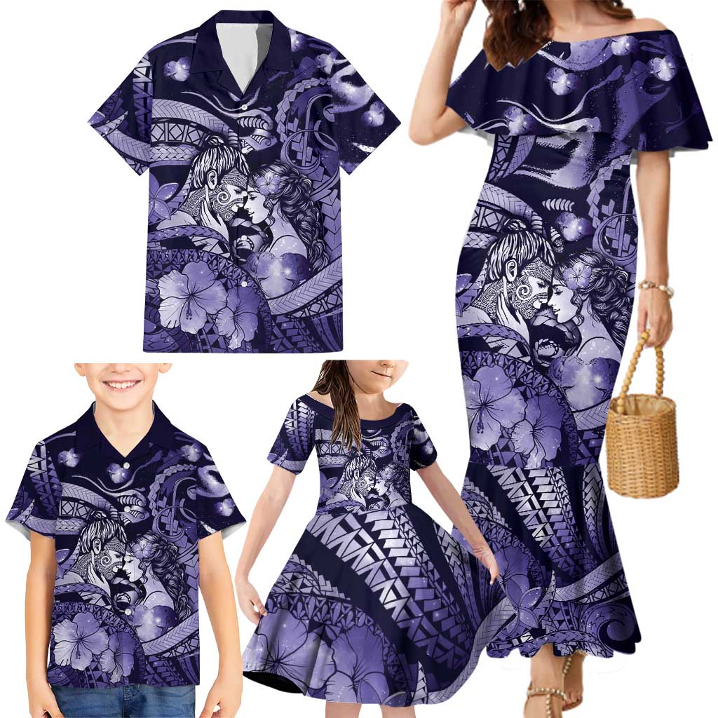 Personalised Maori Romantic Valentine Family Matching Mermaid Dress and Hawaiian Shirt The Hongi Kiss Purple Galaxy