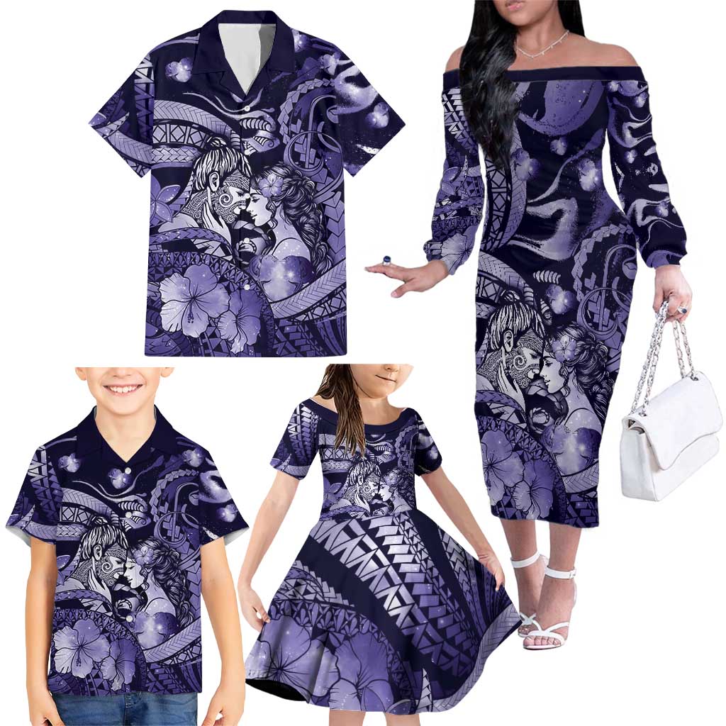 Personalised Maori Romantic Valentine Family Matching Off The Shoulder Long Sleeve Dress and Hawaiian Shirt The Hongi Kiss Purple Galaxy