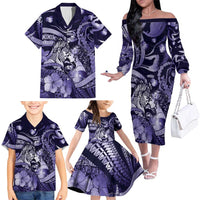 Personalised Maori Romantic Valentine Family Matching Off The Shoulder Long Sleeve Dress and Hawaiian Shirt The Hongi Kiss Purple Galaxy DT05 - Polynesian Pride