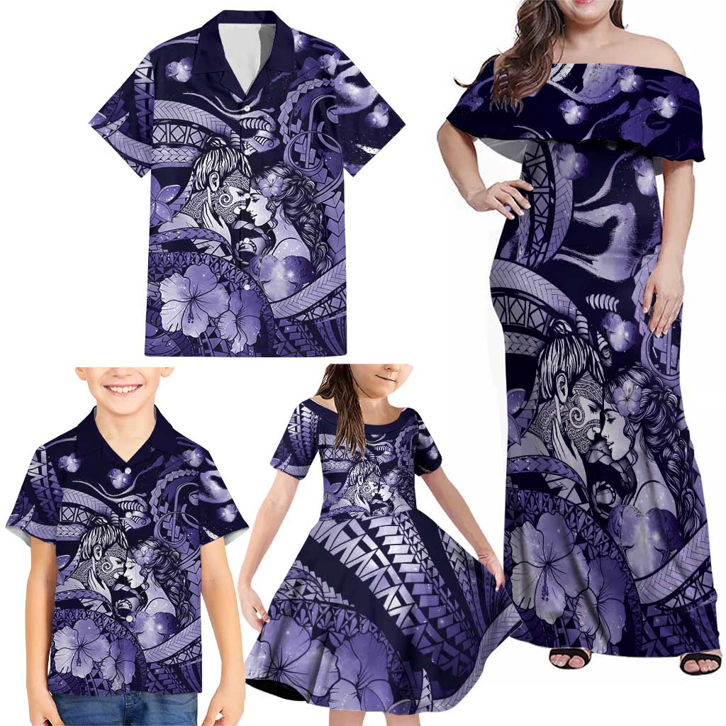 Personalised Maori Romantic Valentine Family Matching Off Shoulder Maxi Dress and Hawaiian Shirt The Hongi Kiss Purple Galaxy