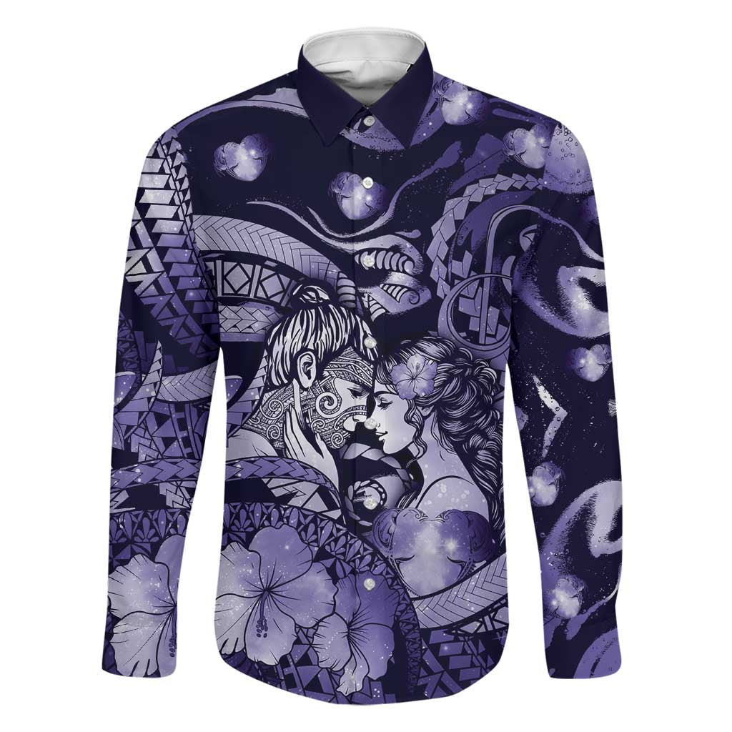 Personalised Maori Romantic Valentine Family Matching Off Shoulder Maxi Dress and Hawaiian Shirt The Hongi Kiss Purple Galaxy DT05 Dad's Shirt - Long Sleeve Purple - Polynesian Pride