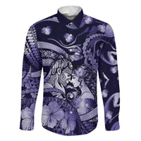Personalised Maori Romantic Valentine Family Matching Off Shoulder Maxi Dress and Hawaiian Shirt The Hongi Kiss Purple Galaxy DT05 Dad's Shirt - Long Sleeve Purple - Polynesian Pride