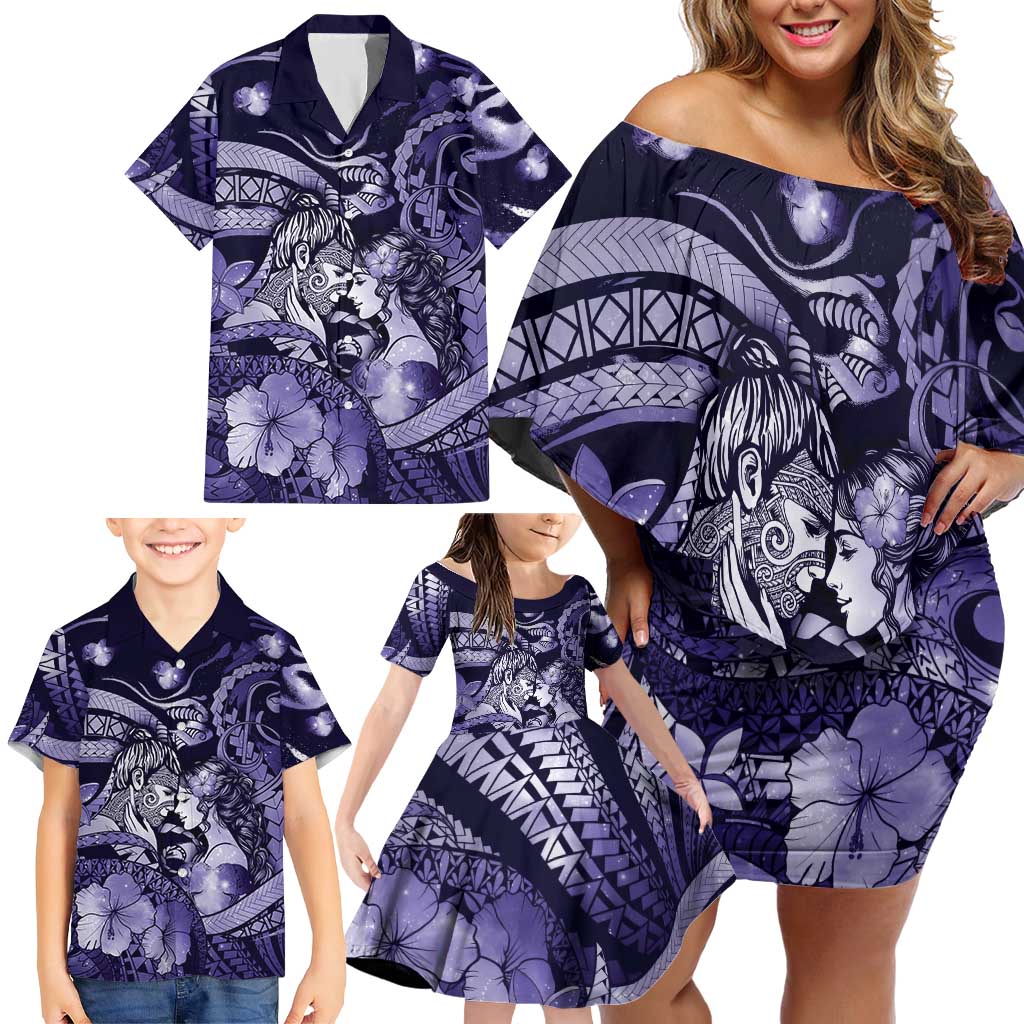 Personalised Maori Romantic Valentine Family Matching Off Shoulder Short Dress and Hawaiian Shirt The Hongi Kiss Purple Galaxy