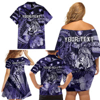 Personalised Maori Romantic Valentine Family Matching Off Shoulder Short Dress and Hawaiian Shirt The Hongi Kiss Purple Galaxy DT05 - Polynesian Pride