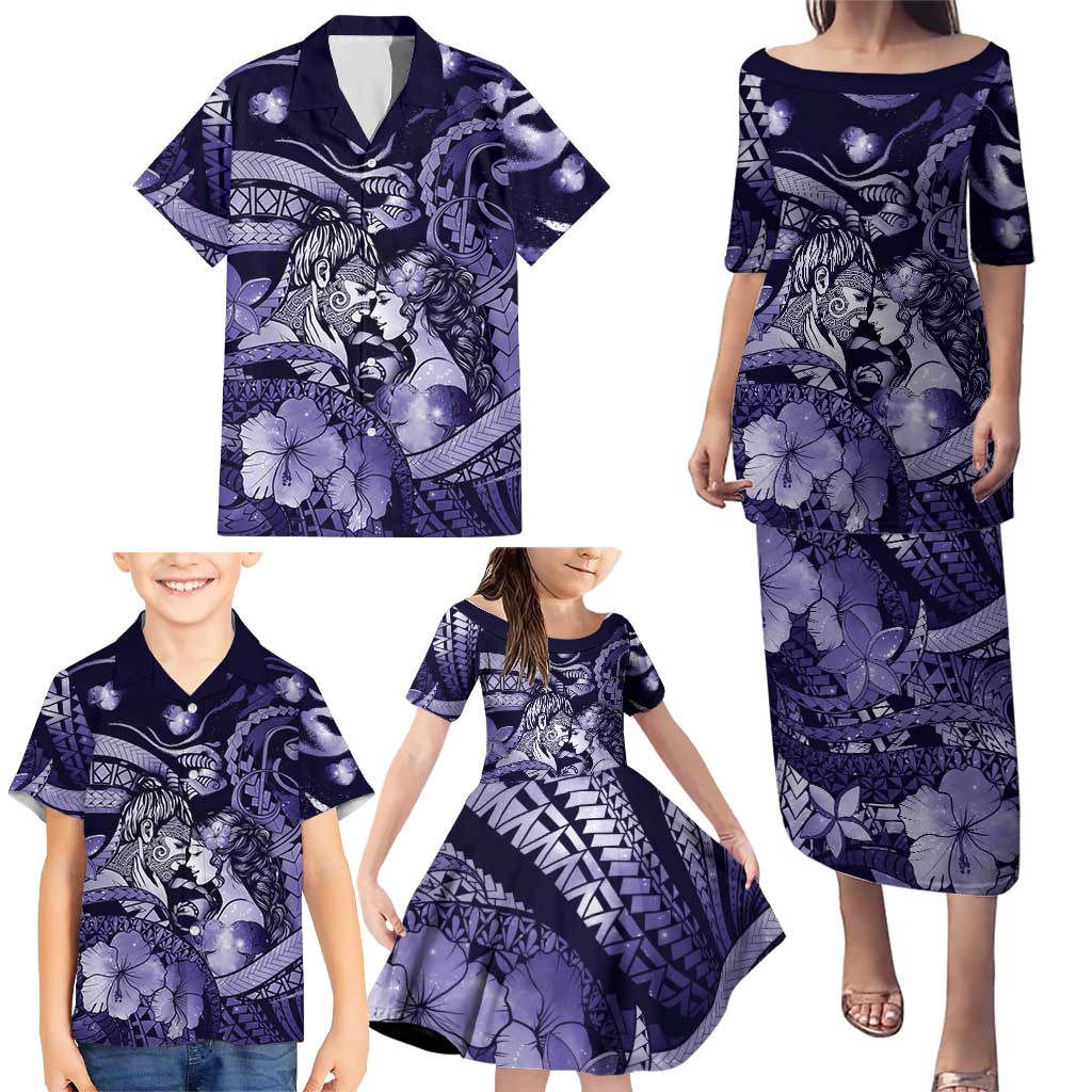 Personalised Maori Romantic Valentine Family Matching Puletasi and Hawaiian Shirt The Hongi Kiss Purple Galaxy DT05 - Polynesian Pride