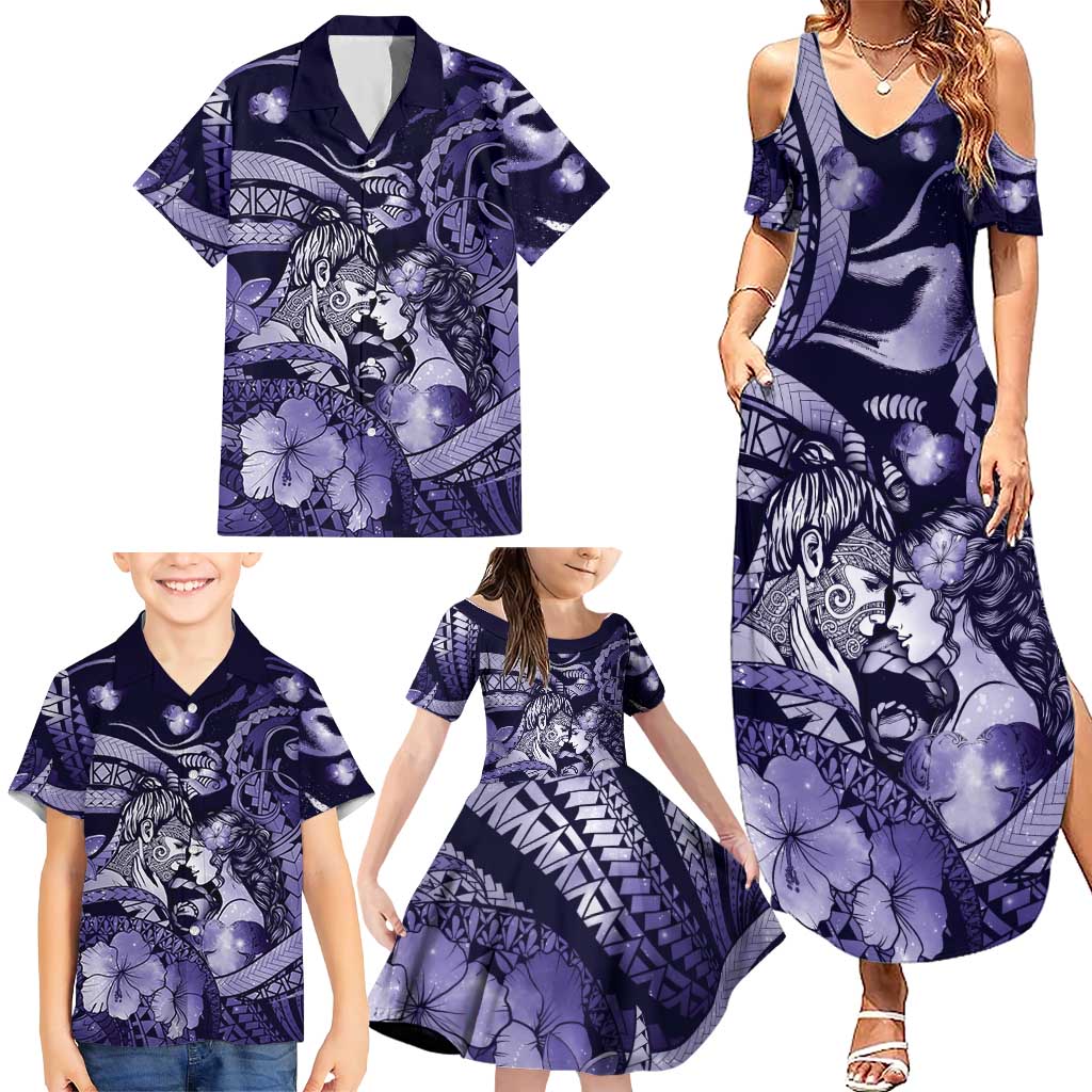 Personalised Maori Romantic Valentine Family Matching Summer Maxi Dress and Hawaiian Shirt The Hongi Kiss Purple Galaxy