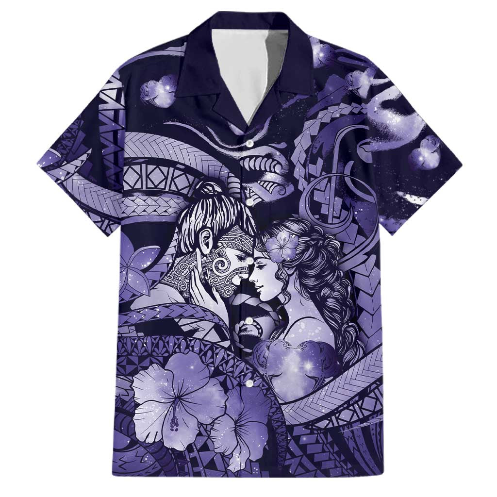 Personalised Maori Romantic Valentine Family Matching Summer Maxi Dress and Hawaiian Shirt The Hongi Kiss Purple Galaxy DT05 Dad's Shirt - Short Sleeve Purple - Polynesian Pride