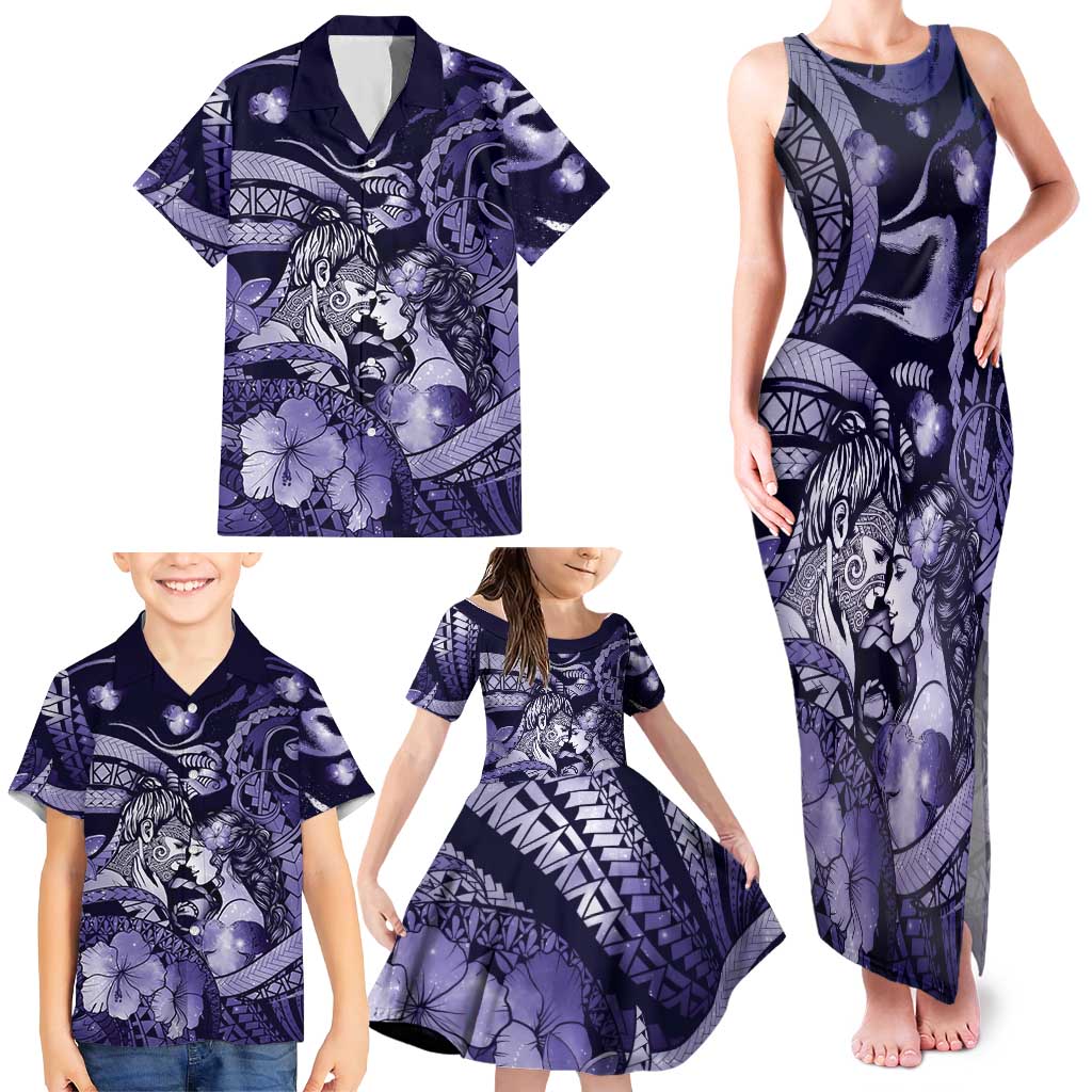 Personalised Maori Romantic Valentine Family Matching Tank Maxi Dress and Hawaiian Shirt The Hongi Kiss Purple Galaxy