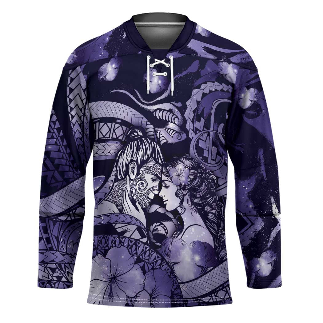 Personalised Maori Romantic Valentine Hockey Jersey The Hongi Kiss Purple Galaxy