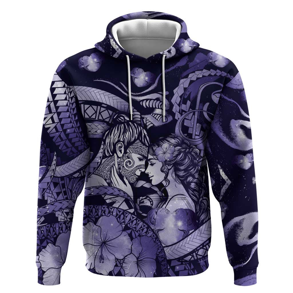 Personalised Maori Romantic Valentine Hoodie The Hongi Kiss Purple Galaxy