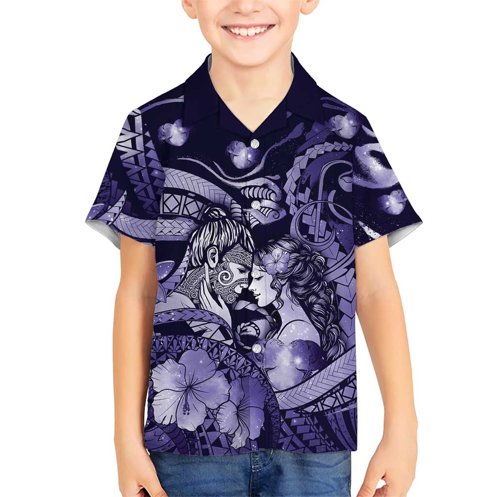 Personalised Maori Romantic Valentine Kid Hawaiian Shirt The Hongi Kiss Purple Galaxy