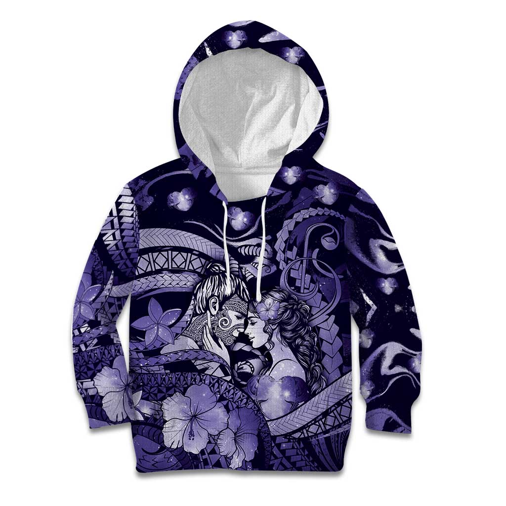Personalised Maori Romantic Valentine Kid Hoodie The Hongi Kiss Purple Galaxy