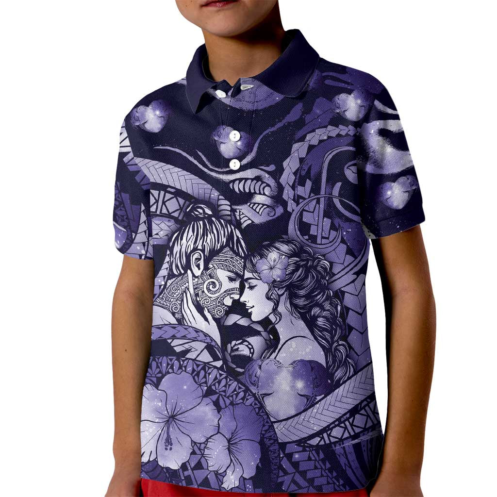 Personalised Maori Romantic Valentine Kid Polo Shirt The Hongi Kiss Purple Galaxy
