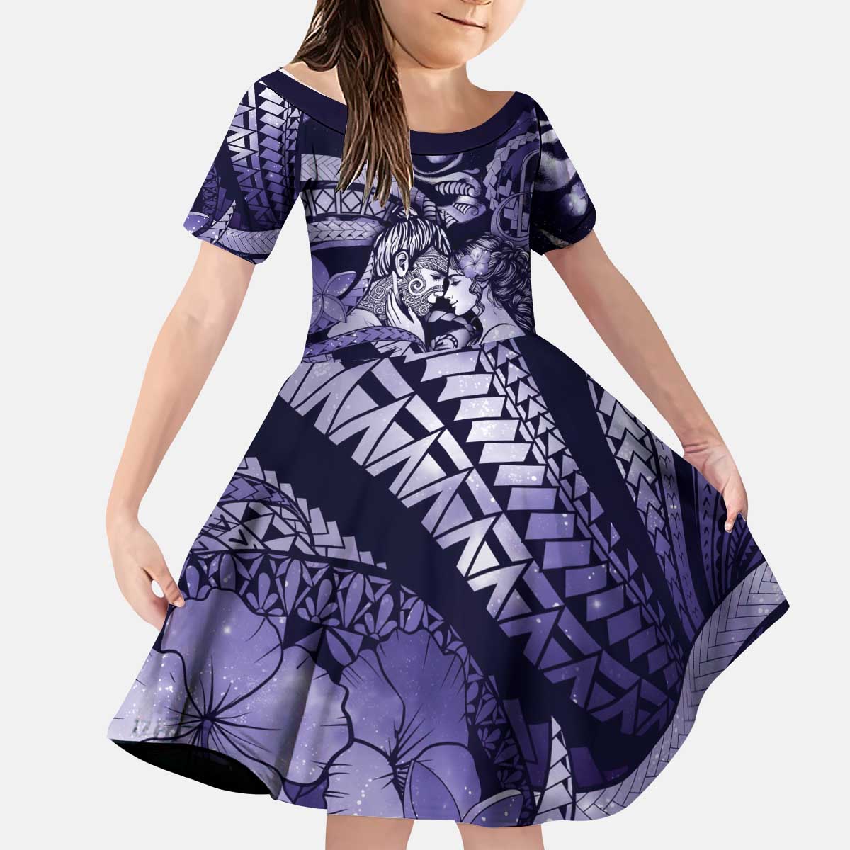 Personalised Maori Romantic Valentine Kid Short Sleeve Dress The Hongi Kiss Purple Galaxy
