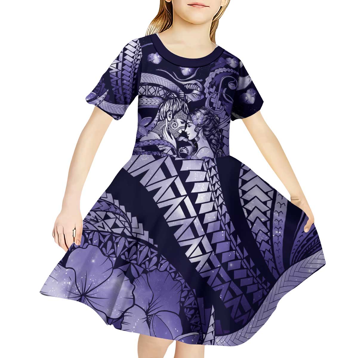 Personalised Maori Romantic Valentine Kid Short Sleeve Dress The Hongi Kiss Purple Galaxy