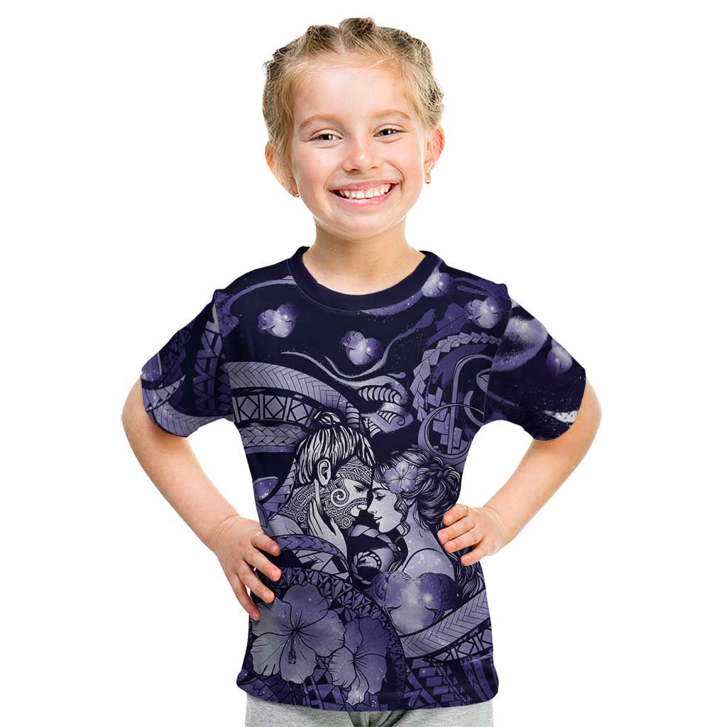 Personalised Maori Romantic Valentine Kid T Shirt The Hongi Kiss Purple Galaxy