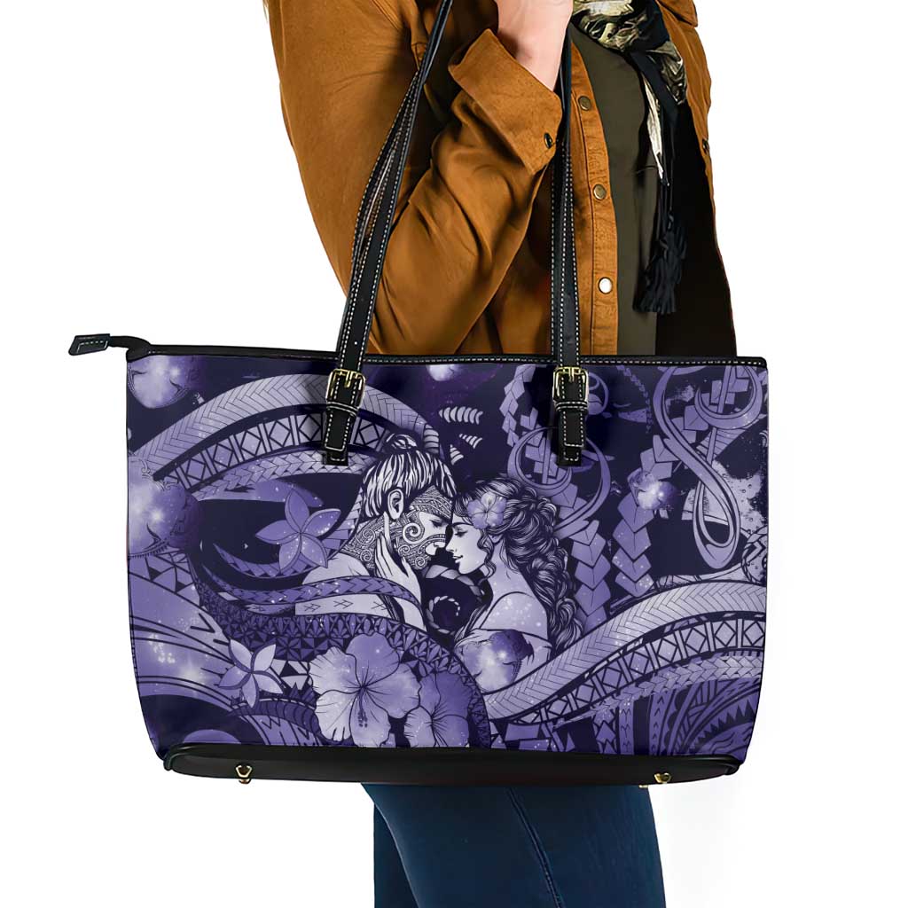 Maori Romantic Valentine Leather Tote Bag The Hongi Kiss Purple Galaxy