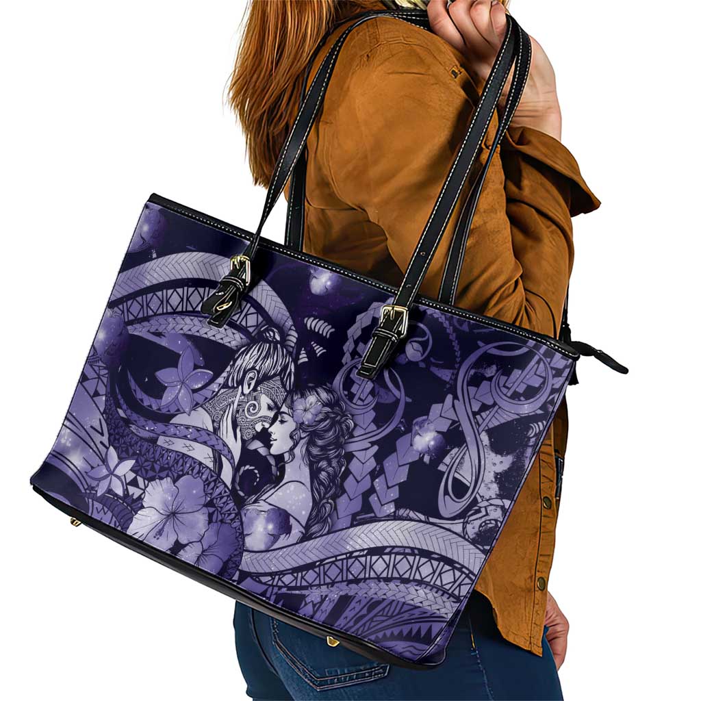 Maori Romantic Valentine Leather Tote Bag The Hongi Kiss Purple Galaxy
